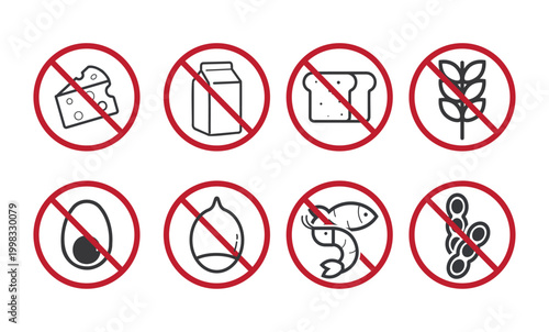 Isolated set of prohibition food icons indicating allergen restrictions including dairy, bread, egg, seafood, nuts, and gluten free dietary warning