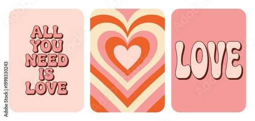 Retro Groovy Style Heart and Love Text Graphics with Rounded Corners vector illustration
