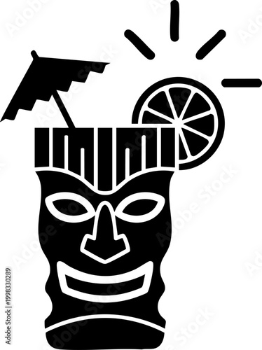 Tiki mug cocktail with umbrella and orange slice garnish black and white vector illustration.