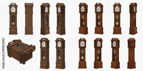 Collection of vintage grandfather clocks in various angles and styles, isolated on a transparent background, showcasing antique timepieces.