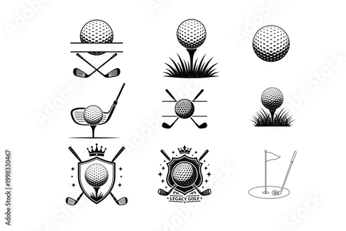 Golf Icons Collection With Balls Clubs Tees Flags And Emblems Vector Set