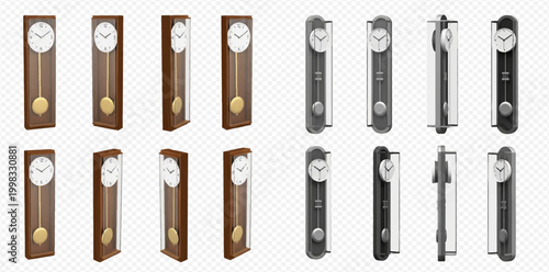 Set of vintage wooden and modern black pendulum clocks in various angles.