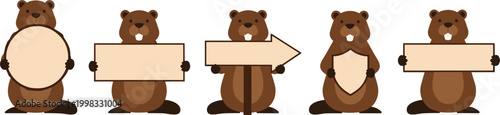 Cartoon beaver characters holding various signs including circle, rectangle, arrow, and shield shapes for customizable messages vector design.