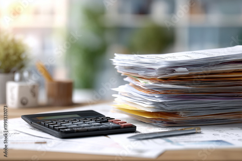 A stack of unpaid bills on the table with various paper invoices and receipts scattered around it, along with a calculator and pen.