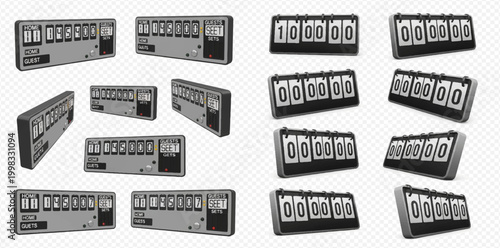 Set of mechanical flip counters with various numbers and zeroed states, isolated on transparent background for design elements.