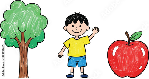 A cheerful young boy waves at the viewer. He stands next to a green tree and a bright red apple.