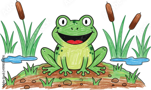 A cheerful green frog sits on a muddy bank surrounded by reeds and cattails. The frog is smiling and looking directly at the viewer.