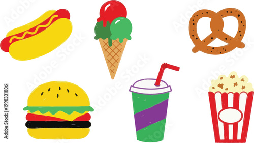A collection of illustrated snacks sits on a white background. A hot dog, ice cream cone, pretzel, hamburger, soda cup, and popcorn bucket are arranged together.