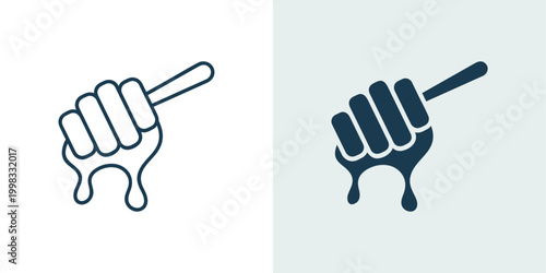 Honey dipper icon set with dripping liquid in line and solid vector illustration