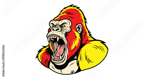 Angry Gorilla Head Illustration, Aggressive Ape Roaring, Fierce Primate Face