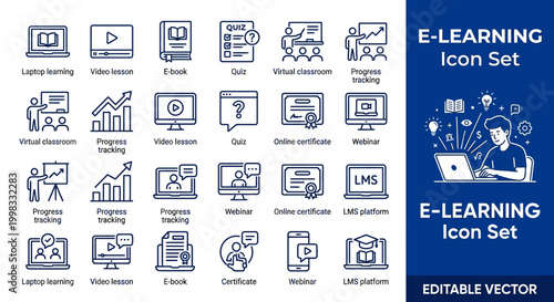 Mega Pack Icon Set Vector E-learning and digital education, online course and LMS platform development line illustrations