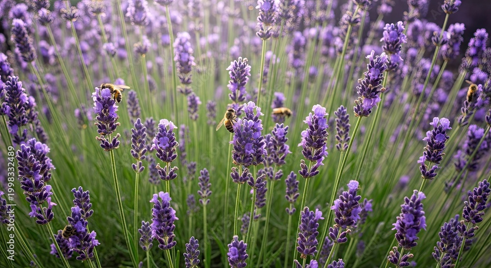 Obraz premium A bee is collecting nectar from a field of vibrant lavender flowers. The lavender plants are densely packed, creating a beautiful purple haze.