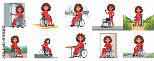 Diverse Everyday Activities of a Female Wheelchair User Illustrating Independence and Accessibility