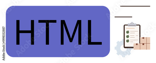 Web development, coding, logistics, programming tools, software solutions, digital workflow. Large HTML text, a gear a clipboard with checklist and cardboard boxes. Coding and logistics concept