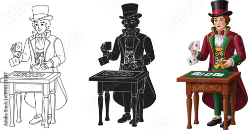 Magician performing card tricks at a table vintage illustration for entertainment and gambling concepts isolated on white background