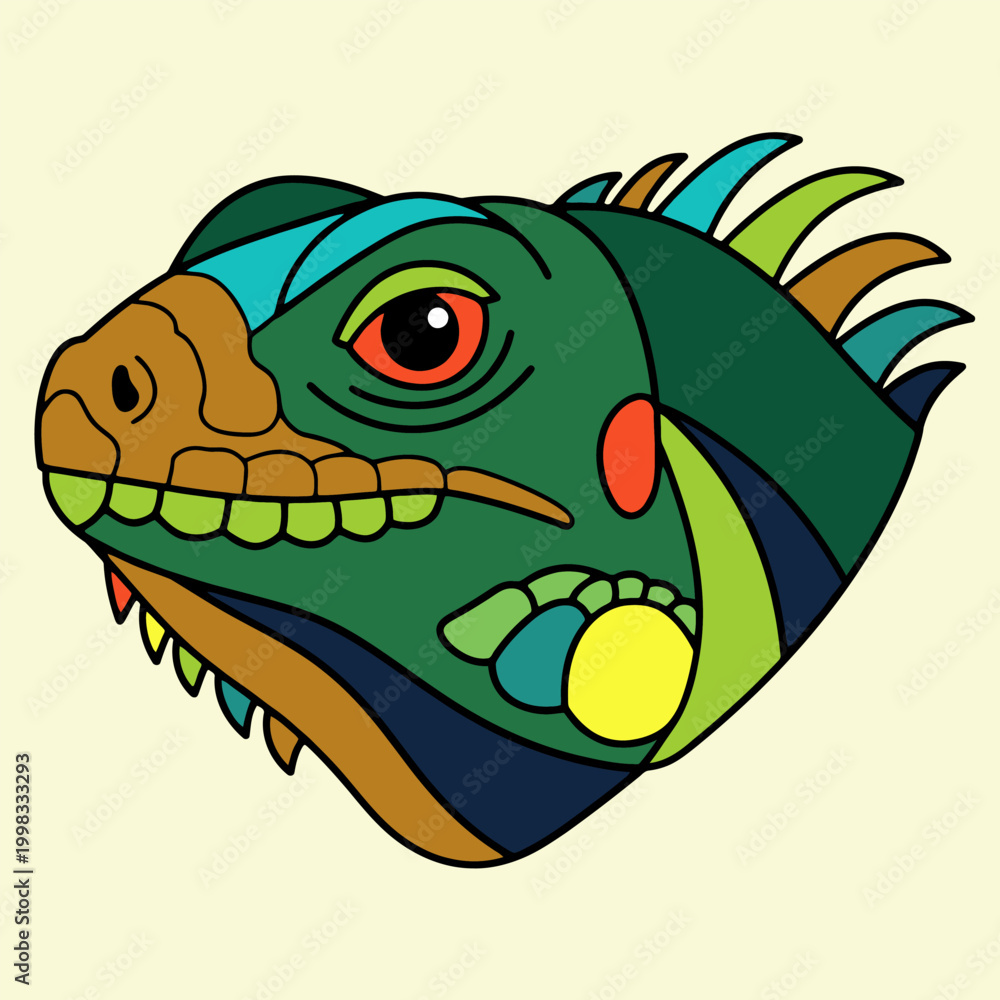 Obraz premium Vibrant Green Iguana Head in Flat Design Vector Illustration