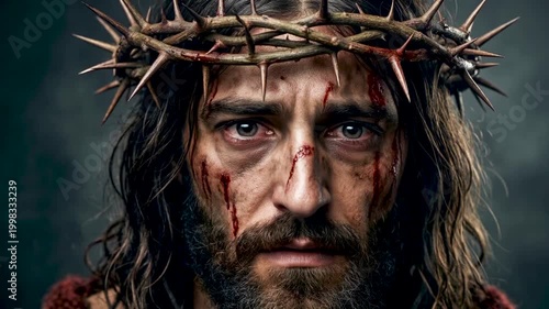 Jesus Сhrist with crown of thorns on head suffering during the passion for human salvation in ancient jerusalem