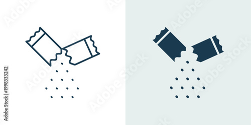 Open sugar packet icon set in line and solid vector style with pouring granules