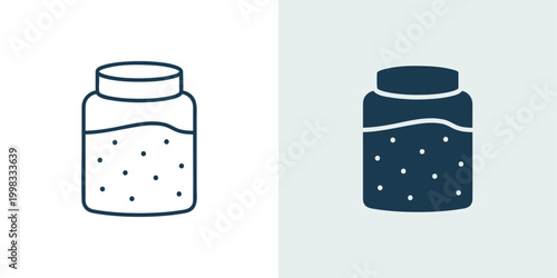 Sugar jar icon set with granulated sweetener in outline and solid styles