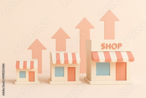 Three small 3d shop buildings with striped awnings increasing in size with large peach colored arrows pointing upwards on a light peach background