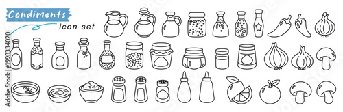 Condiments are essential in enhancing flavors and this icon set showcases variety of jars and bottles that represent different types of sauces and seasonings