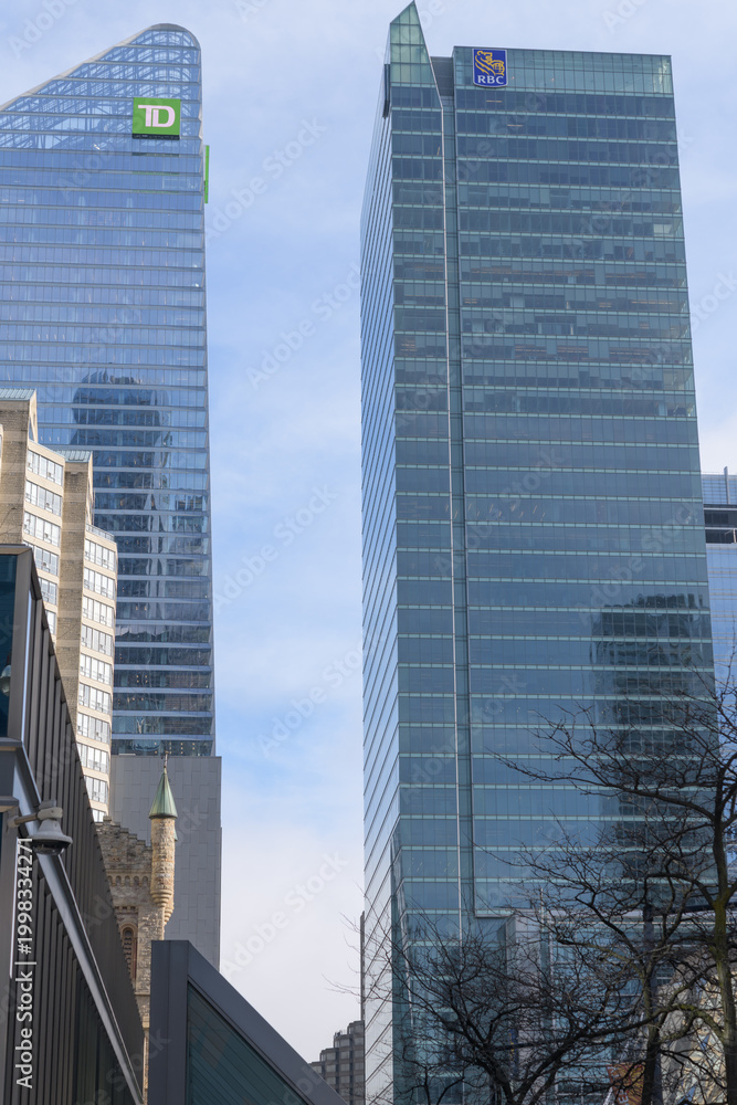 Obraz premium turret at St. Andrew's Presbyterian Church with towering TD Terrace and RBC Centre, on Simcoe St and Wellington St W, Toronto
