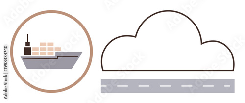 Supply chain, logistics, cloud computing, web storage, transportation, infrastructure. Cargo ship with containers in circle, cloud over road line art. Supply chain and cloud computing ion