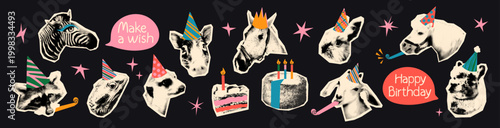 Playful birthday halftone collage cut outs set. Happy animals and pets heads in party hats, llama and horse, raccoon and meerkat, cake and wishes. Modern retro mixed media vector illustration isolated