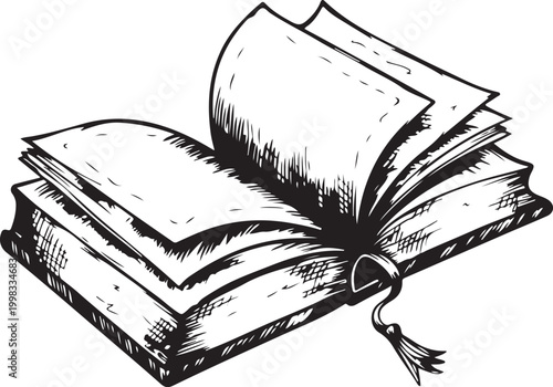 Open book graphic illustration vintage style sketch with pages and bookmark icon design.