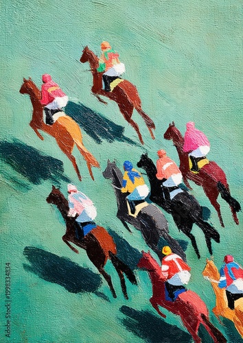 Horse racing, jockeys riding horses on green field with shadows, competition and speed in outdoor sports event, action and motion in colorful racing scene from above view.