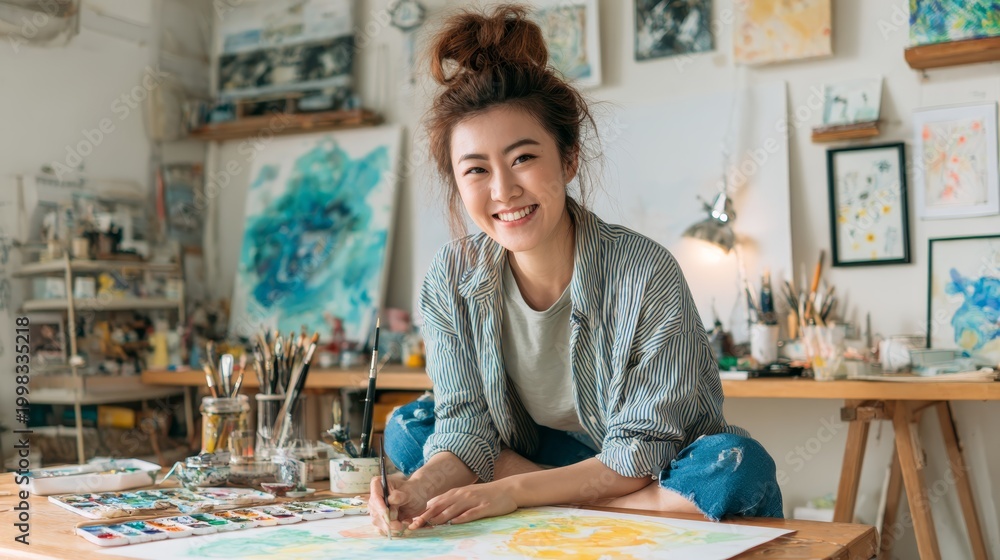 Fototapeta premium Young asian woman sitting on a table in her art studio, holding a paintbrush and creating an abstract watercolor painting, surrounded by art supplies and finished artworks