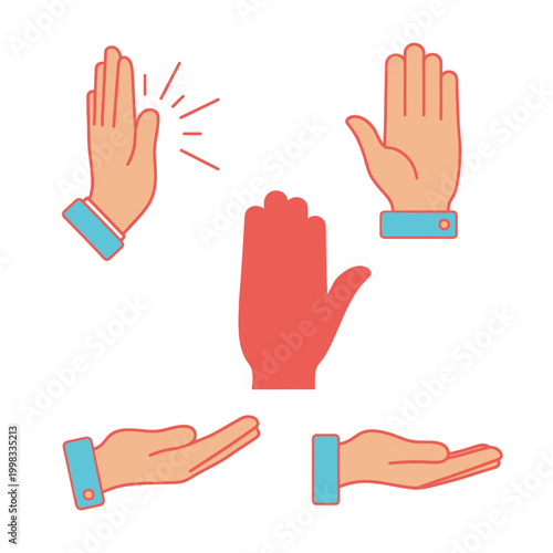 Set of Hand Gestures Icons: High Five, Open Palms, Stop Hand