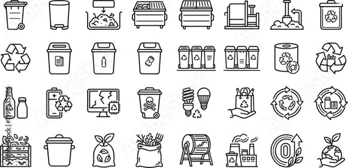 Comprehensive waste management line art icon set containing unique vector symbols including recycling, composting, trash disposal, and environmental sustainability concepts in editable stroke style.