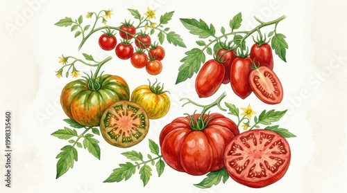 Watercolor Illustration of Fresh Greens, Tomatoes, and Salad Food With a Variety of Shapes and Colors in a Simple Design