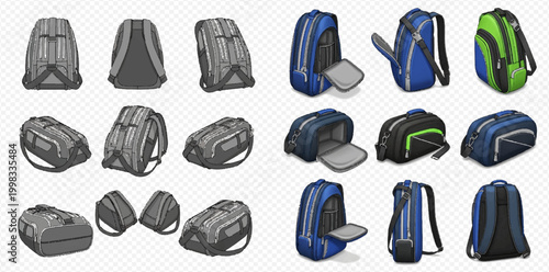 Set of various backpacks and duffel bags in different views, perfect for travel, school, or sports activities.