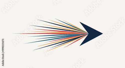 Fotografie Dynamic abstract arrow formed by multiple colorful streaking lines converging to a point, symbolizing speed, direction, and progress on a light beige background