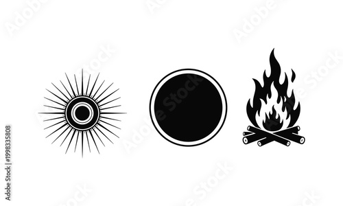 Sunburst symbol black circle and campfire with burning logs vector silhouette illustration.