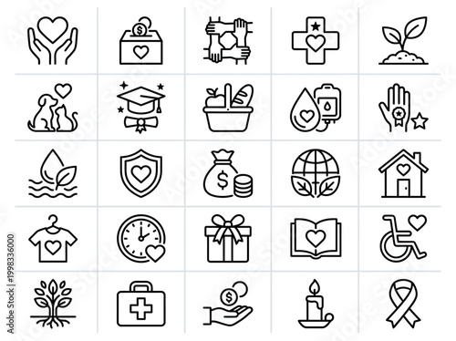 Charity and Volunteering Line Icon Set - Philanthropy, Donation, Social Support, and Non-Profit Organization Symbols