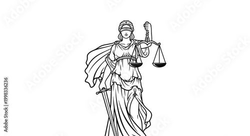 Blindfolded Lady Justice Holding Scales and Sword, Symbol of Law and Impartiality, Isolated White Background