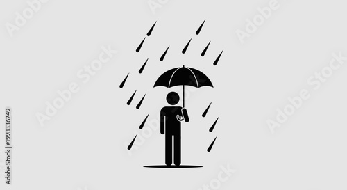 Person Holding Umbrella in Rain, Protection from Bad Weather Icon on Grey Background
