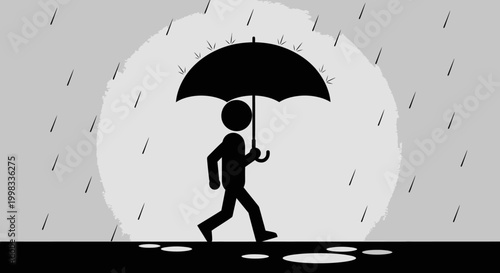 Stick figure walking in the rain with an umbrella on a dark background, symbolizing protection and resilience during difficult times.