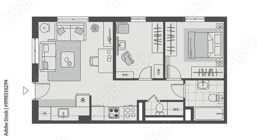 Detailed architectural floor plan of an apartment with furniture layout, showing rooms and functional design on isolated white background.
