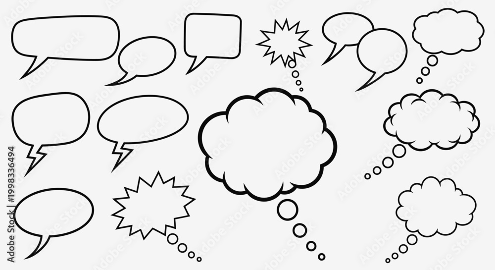 Fototapeta premium Collection of black and white outline speech bubbles and thought clouds in various shapes.
