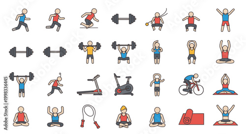 Collection of Fitness and Exercise Activity Icons in bright studio