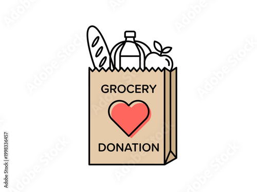 Grocery Donation Illustration with Food Bag and Heart Symbol for Charity and Food Bank