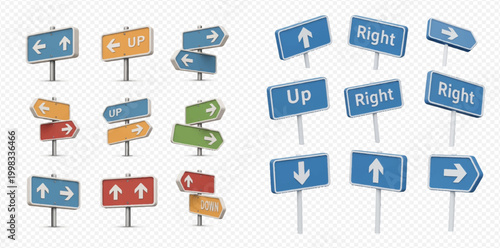Set of 3D Rendered Road Signs with Arrows and Text for Direction and Navigation.