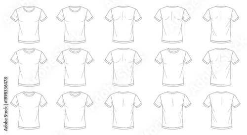Collection of blank outline T-shirt templates for front and back apparel design mockups.