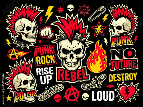 Punk Rock Sticker Set with Mohawk Skulls, Anarchy Symbols, and Rebellion Slogans for Streetwear Design