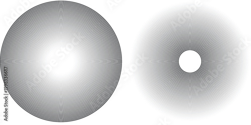 Simple black radial circle set. Sonar or sound wave ring collection. Halftone and linear epicentre, target, radar icon concept. eps10