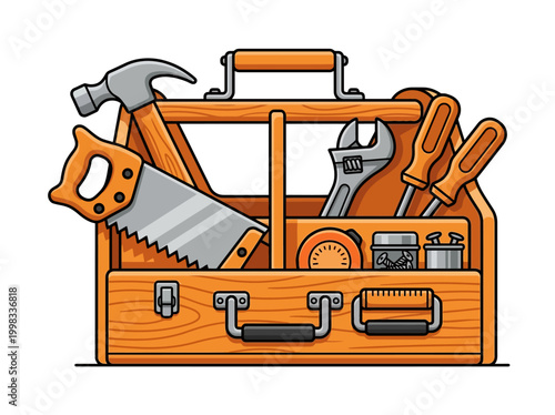Professional Wooden Toolbox with Carpentry Hand Tools Vector Illustration: Hammer, Saw, Wrench, and Screwdrivers for DIY, Home Repair, and Construction Projects